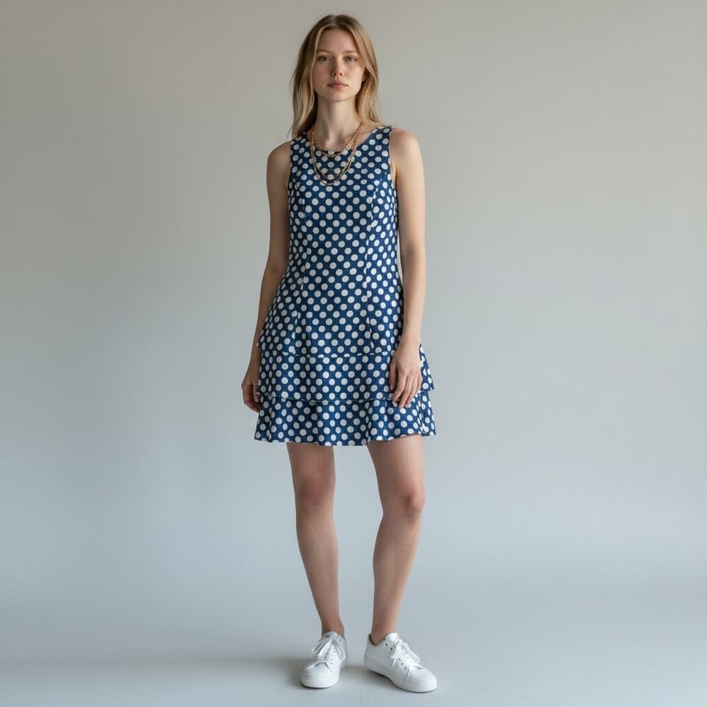 Island Company Linen Mermaid Dress Women's Sz XS Blue Polka Dot Tiered Mini
